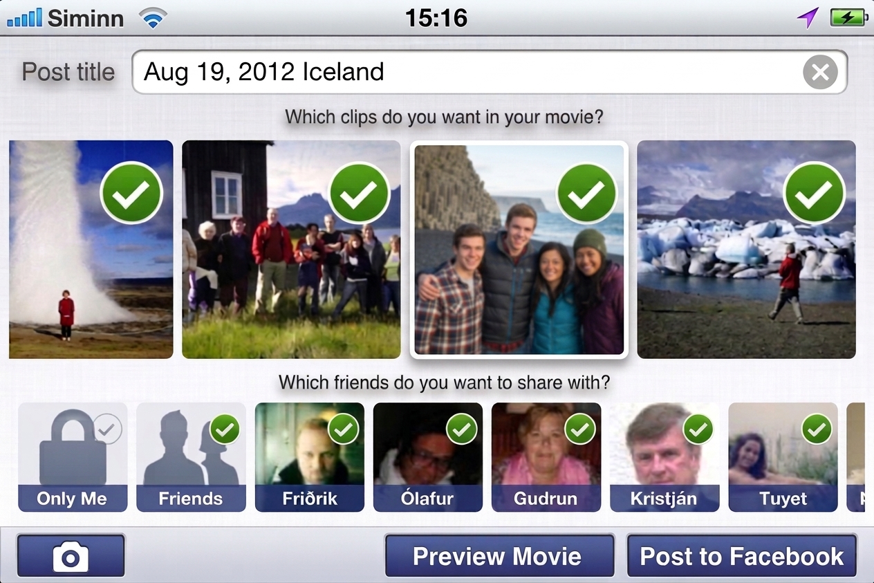 ClickCorder iPhone interface selecting Iceland clips to share on Facebook