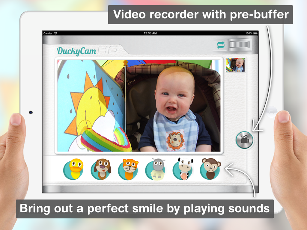 DuckyCam running on an iPad: a happy baby on screen with playful animal sound buttons below