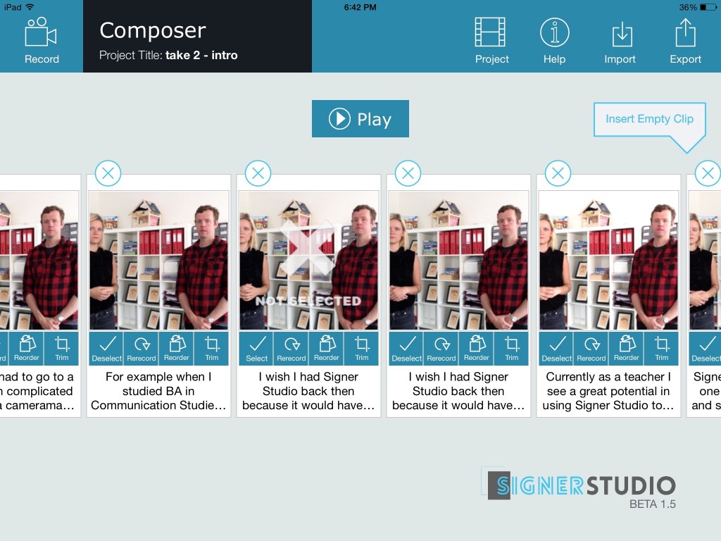 Signer Studio recording screen: motion-activated sign language video recording on iPad